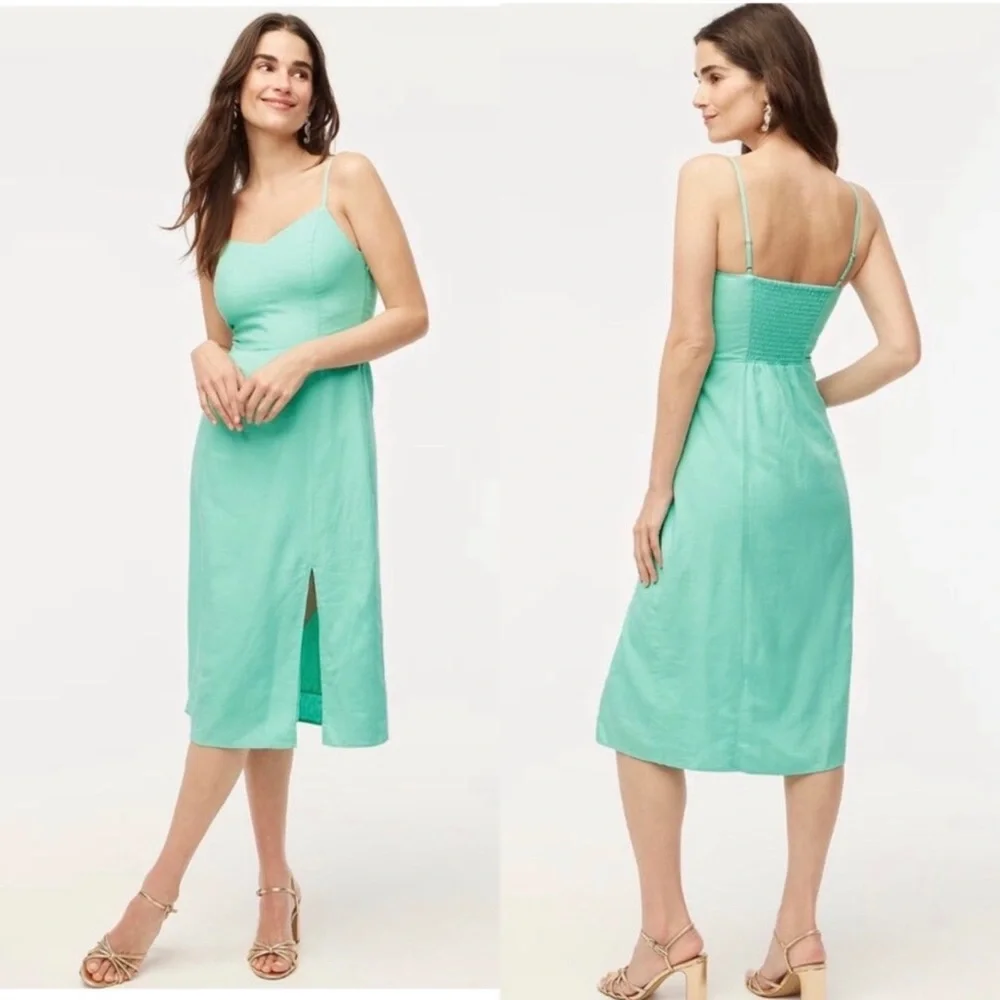J.Crew Linen Blend Sunwashed Mint Midi Dress Size 14 Smocked Back Side Slit - Picture 1 of 15